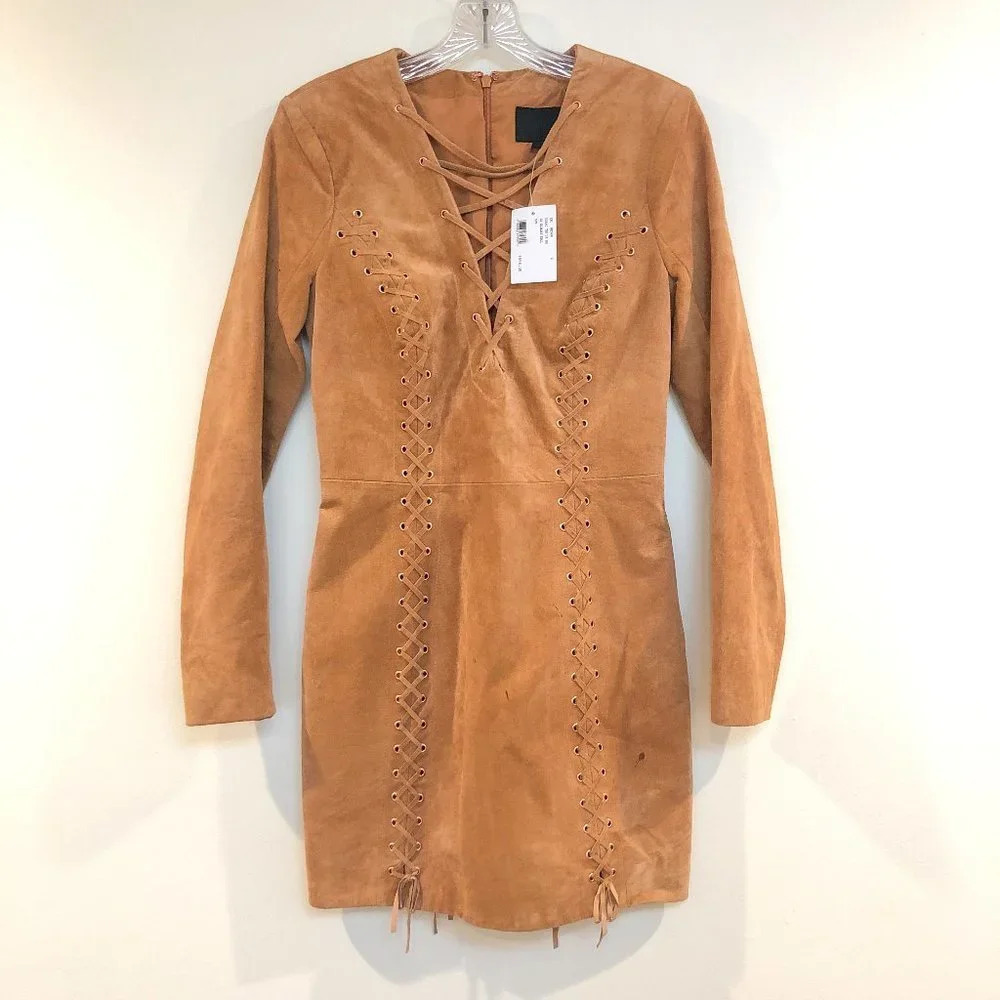 NEW Intermix Leather Lace Up Long Sleeve V Neck Mini Dress Small FLAWED - Picture 2 of 11